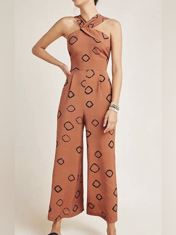Eva Franco Faith Wide Leg Jumpsuit Size 4 Boho Rust Geometric
